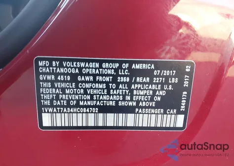 2017 Volkswagen Passat 1.8T S z USA, uszkodzony, nr VIN 1VWAT7A34HC084702